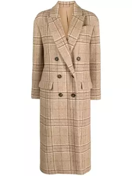 Brunello Cucinelli двубортное пальто в клетку, коричневый