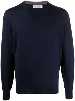 Brunello Cucinelli джемпер тонкой вязки с V-образным вырезом, синий