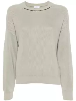 Brunello Cucinelli джемпер в рубчик с декором Monili, зеленый