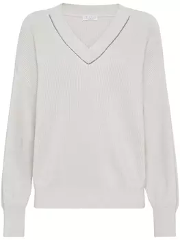 Brunello Cucinelli джемпер в рубчик с декором Monili, нейтральный цвет