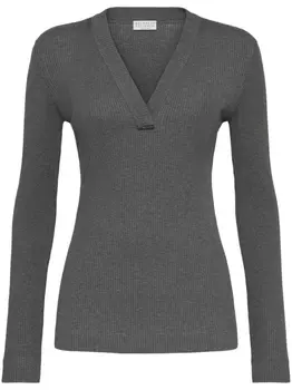 Brunello Cucinelli джемпер в рубчик с декором Monili, серый