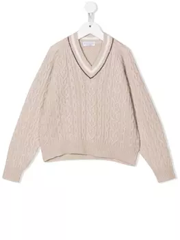 Brunello Cucinelli Kids джемпер фактурной вязки с V-образным вырезом, нейтральный цвет