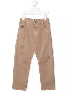 Brunello Cucinelli Kids джинсы с эффектом потертости и завышенной талией, нейтральный цвет