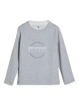 Brunello Cucinelli Kids футболка с длинным рукавом с принтом, серый