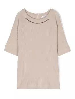 Brunello Cucinelli Kids футболка с отделкой Monili, нейтральный цвет