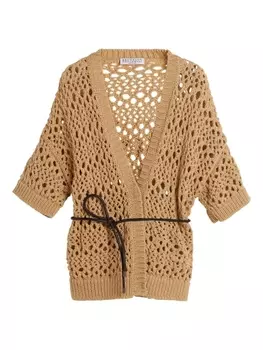 Brunello Cucinelli Kids кардиган рыхлой вязки с поясом, нейтральный цвет