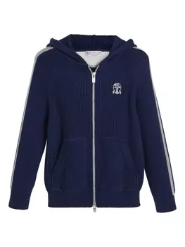 Brunello Cucinelli Kids кардиган с капюшоном и вышитым логотипом, синий