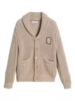 Brunello Cucinelli Kids кардиган с воротником-шалью и логотипом-нашивкой, нейтральный цвет