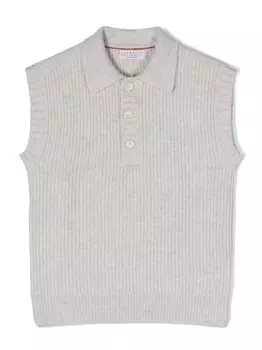 Brunello Cucinelli Kids кашемировый жилет в рубчик с воротником поло, серый