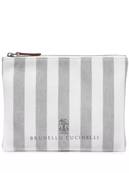 Brunello Cucinelli полосатый клатч с вышитым логотипом, серый