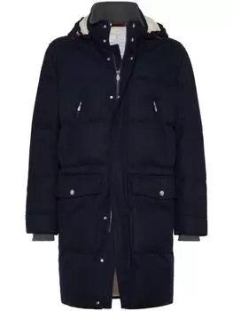 Brunello Cucinelli шерстяной пуховик с капюшоном, синий