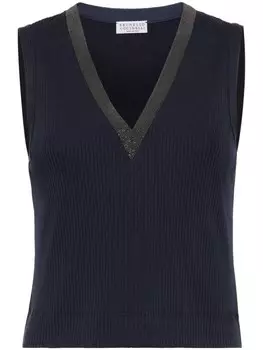 Brunello Cucinelli топ с V-образным вырезом и декором Monili, синий