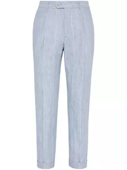 Brunello Cucinelli зауженные льняные брюки в полоску, синий
