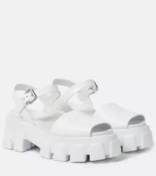 Брушированные кожаные сандалии на платформе Prada, белый