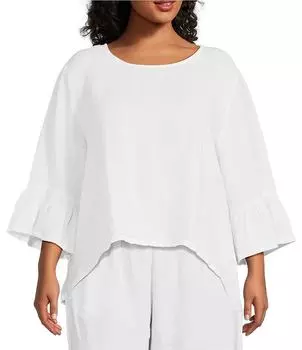 Bryn Walker Плюс размер Fran с круглым вырезом и рюшами, рукавами-колокольчиками 3/4, высокая-низкая льняная координационная рубашка, белый
