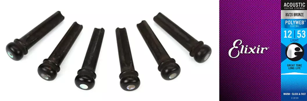 Булавки для бриджа Taylor Ebony с набором точек Abalone и струнами Elixir 11050 Polyweb 80/20 Bronze Струны для акустической гитары - .012-.053 Light Taylor + Elixir Strings 7251=1 11050=1