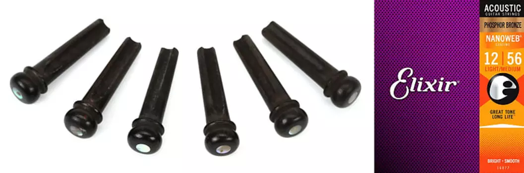 Булавки Taylor Ebony Bridge Pins с Abalone Dots Bundle со струнами Elixir 16077 Nanoweb Phosphor Bronze Струны для акустической гитары — .012–.056 Medium Light Taylor + Elixir Strings 7251=1 16077=1