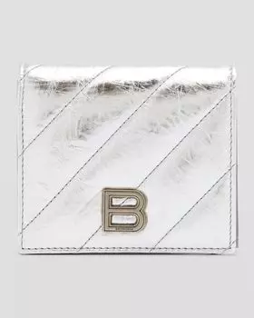 Бумажник для монет и карточек с клапаном Crush, металлизированный, стеганый Balenciaga, цвет 8110 Silver