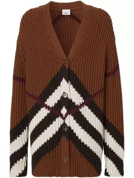 Burberry кардиган в рубчик с узором шеврон, коричневый