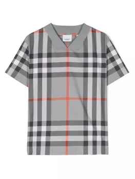 Burberry Kids клетчатая футболка с V-образным вырезом, серый