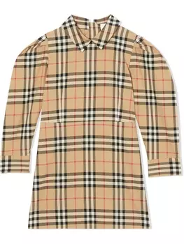 Burberry Kids клетчатое платье с пышными рукавами, нейтральный цвет