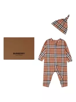 Burberry Kids комплект из комбинезона и шапки в клетку, нейтральный цвет