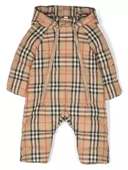 Burberry Kids ромпер в клетку с капюшоном, нейтральный цвет