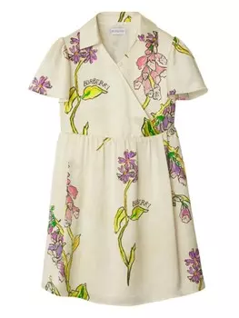 Burberry Kids шелковое платье мини Foxglove, нейтральный цвет
