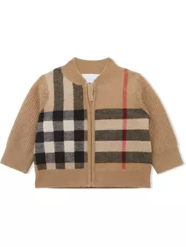 Burberry Kids трикотажный бомбер в клетку, нейтральный цвет