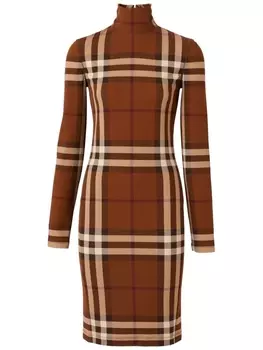 Burberry клетчатое платье с воротником-воронкой, коричневый