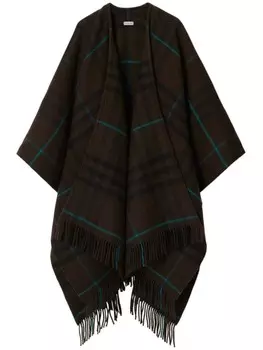 Burberry клетчатый кейп с бахромой, коричневый