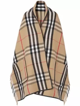 Burberry клетчатый кейп с бахромой, нейтральный цвет