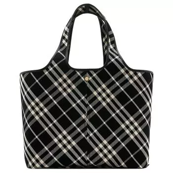 Burberry Сумка-шоппер из хлопка с тканью и гладкой телячьей кожей, сумка для покупок, женская сумка среднего размера, черная и ситцевая