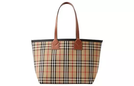 Burberry Сумка-шоппер из хлопкового холста с телячьей кожей, женская сумка среднего размера Photinia, коричневая/черная
