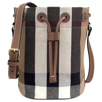 Burberry Сумка-ведро из смеси хлопка и льна с коровьей кожей в стиле пэчворк, женская сумка через плечо, коричневого цвета