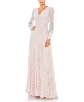 Бусированное кружевное платье с длинными рукавами и запахом Mac Duggal, розовый
