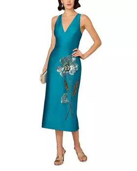 Бусированное платье с V-образным вырезом Aidan Mattox, синий