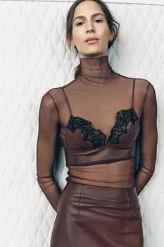 Бюстгальтер без косточек из кожи и кружева ZARA, коричневый