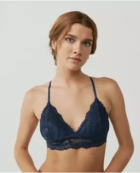 Бюстгальтер без косточек из кружева с цветочным принтом и треугольными чашечками с перекрещивающимся вырезом и спиной-борцовкой Black Limba, темно-синий