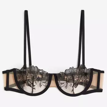 Бюстгальтер H&M Non-padded Embroidered Balconette, светло-бежевый/черный