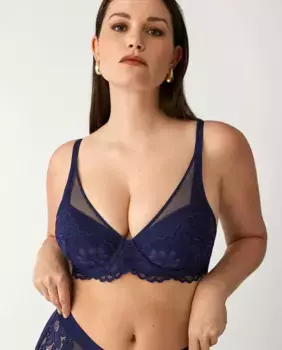 Бюстгальтер с подкладкой на косточках и кружевом с морскими цветами Promise, тёмно-синий