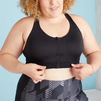 Бюстгальтер спортивный с высокой поддержкой на молнии больших размеров - 920 черный DOMYOS, черный