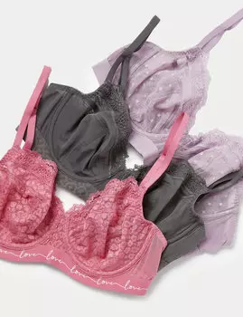 Бюстгальтеры-балконы с кружевом и сеткой из 3 пар A-E Marks & Spencer, малиновый микс