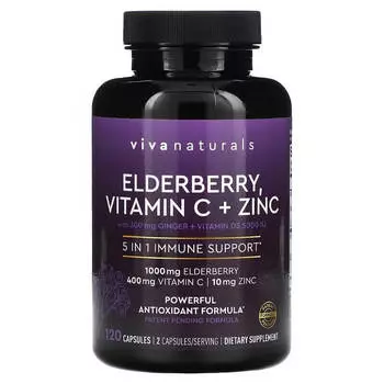 Бузина, витамин С + цинк, поддержка иммунитета 5 в 1 Viva Naturals, 120 капсул