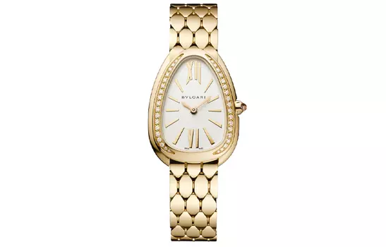 BVLGARI Наручные часы SERPENTI Collection с кварцевым механизмом, ремешком из 18-каратного золота, 33 мм, белым циферблатом, женские часы