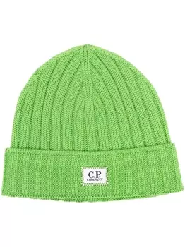 C.P. Company шерстяная шапка бини в рубчик с нашивкой-логотипом, зеленый