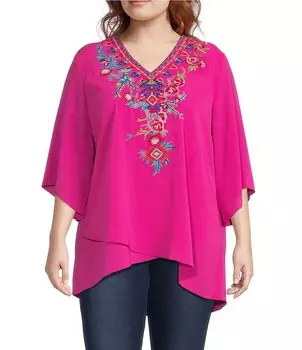 Calessa Плюс размер Текстурированный креп с V-образным вырезом и рукавами 3/4 Удобный крой Блузка с перекрестным подолом, розовый