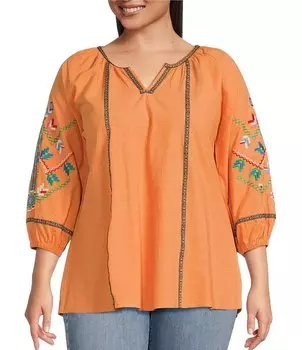 Calessa Туника больших размеров с вышивкой и жатым цветочным принтом, воротником с вырезом и рукавами 3/4, оранжевый