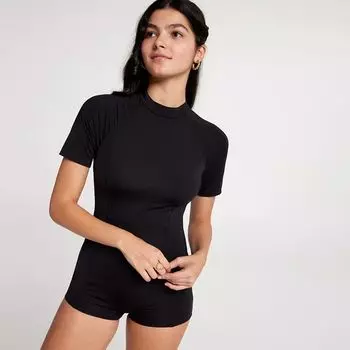 Calia Женский купальник для мальчика с короткими рукавами и молнией сзади, черный