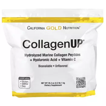 California Gold Nutrition, CollagenUP, гидролизованные пептиды морского коллагена с гиалуроновой кислотой и витамином C, с нейтральным вкусом, 1 кг (2,2 фунта)